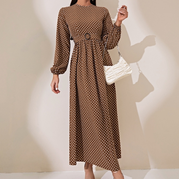 Polka Dot Print Lantern Sleeve Belted Dress - Picture 2 of 4